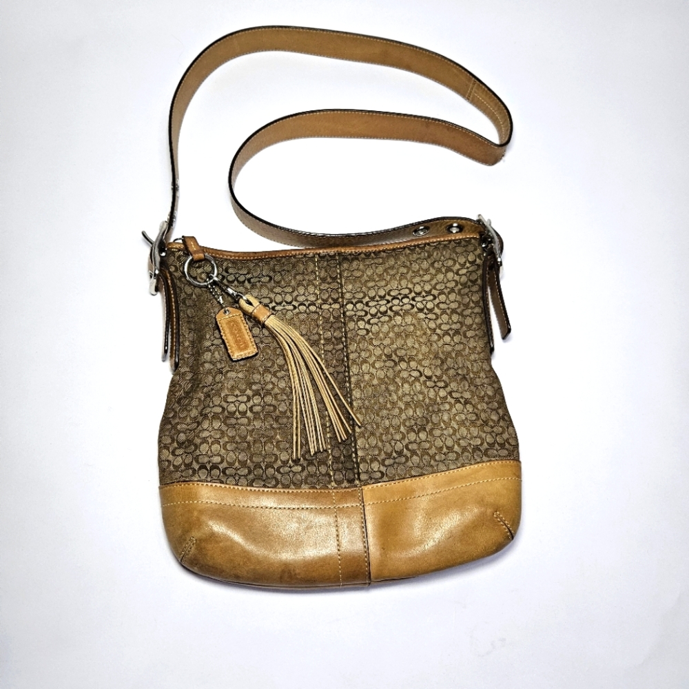 Tan Coach Signature Jacard and Leather Crossbody Bag Vintage Purse